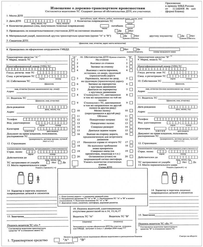 извещение о дорожно транспортном происшествии бланк