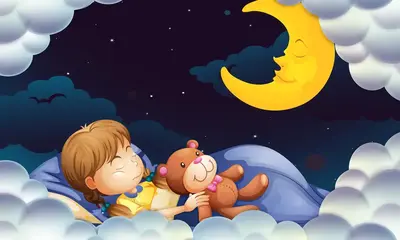 Page medium vector little girl sleeping with teddybear at night time